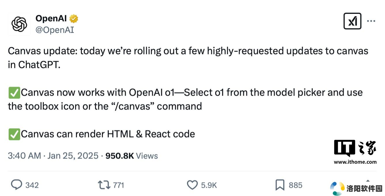 OpenAI 更新 ChatGPT Canvas 写作工具：上线 o1 模型、新增支持渲染 HTML / React 代码